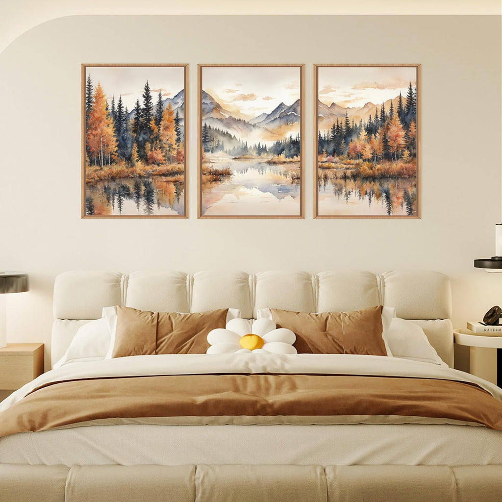 Large Neutral Mountain Framed Canvas Wall Art,Nature Foggy Forest Wall Decor,Watercolor Autumn Landscape Wall