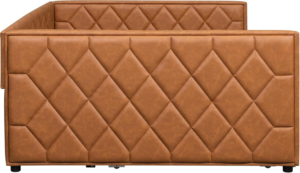 Full XL Size Upholstered Daybed with Pop Up Trundle, Multi-Functional PU Leather Sofa Bed with Backrest and Two