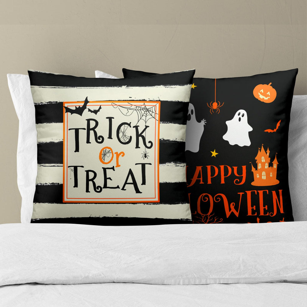 Happy Halloween Ghost Castle Pumpkin Throw Pillow Covers 18X18 Inches Set of 2 Trick or Treat Black and White Stripe