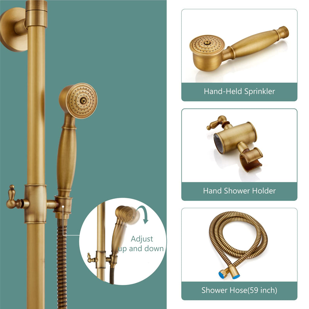 Dual Shower System, 8 Inch Rain Head, Handheld, Antique Brass