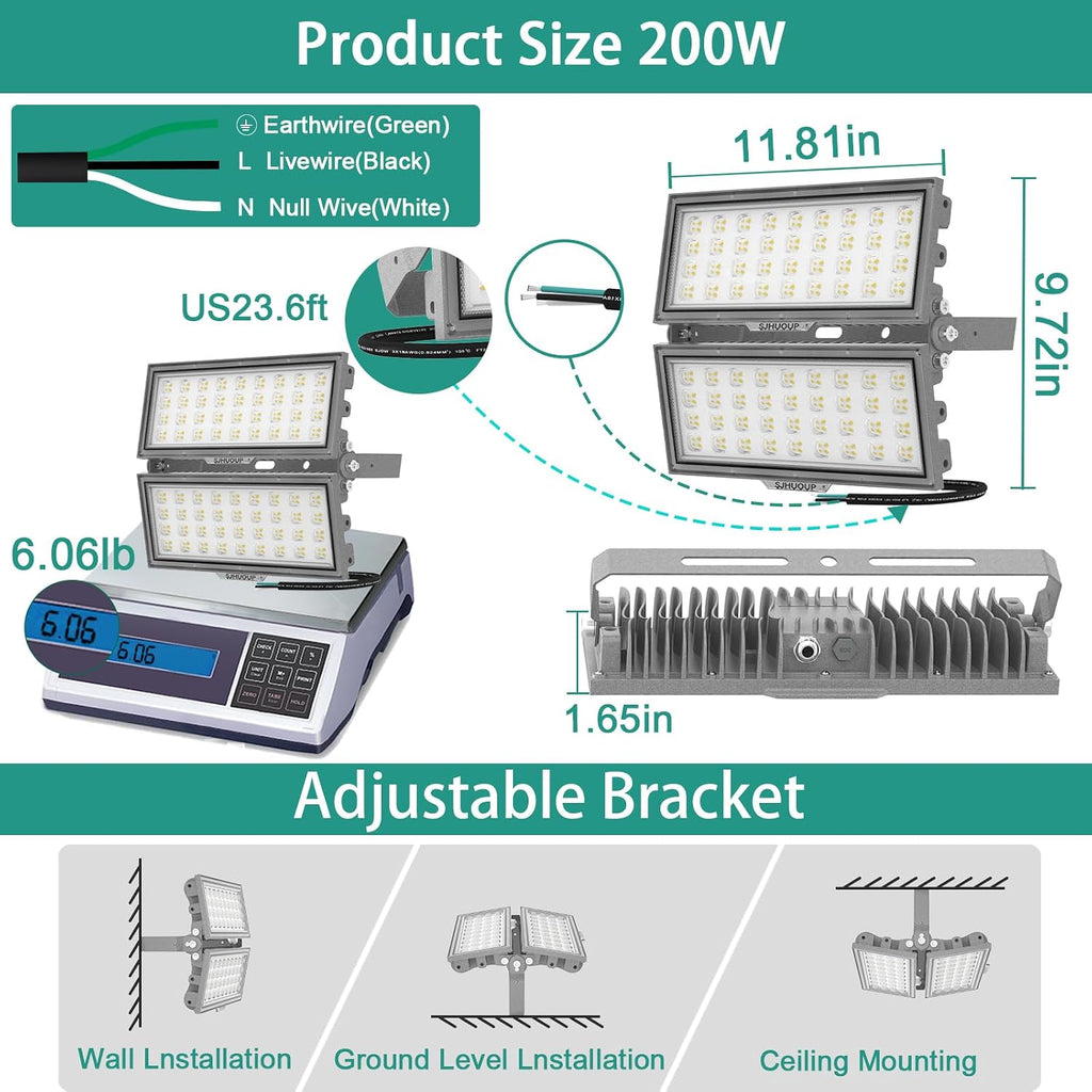 200W LED Flood Lights Outdoor,26000Lumen 6500K Super Bright Stadium Lights,Surge 6KV Outdoor LED Flood Light,IP67