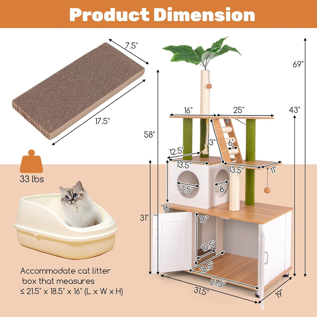 Cat Tree with Litter Box Enclosure, Multi-Level Modern Cat Tree Tower with Sisal Scratching Posts, Cat Condo, Ladder