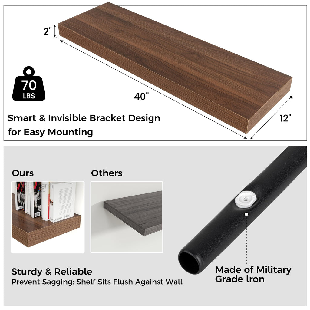 40 Inch Floating Shelves for Wall, 12"D Wood Storage Shelves, Walnut Finish
