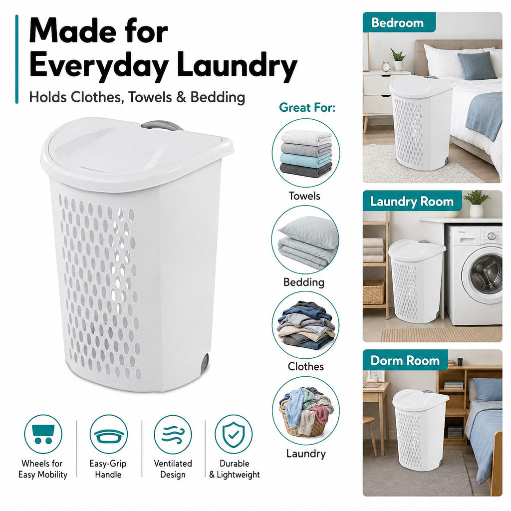Rolling Laundry Hamper with Wheels & Handle, Plastic Basket with Lid,2-Pack