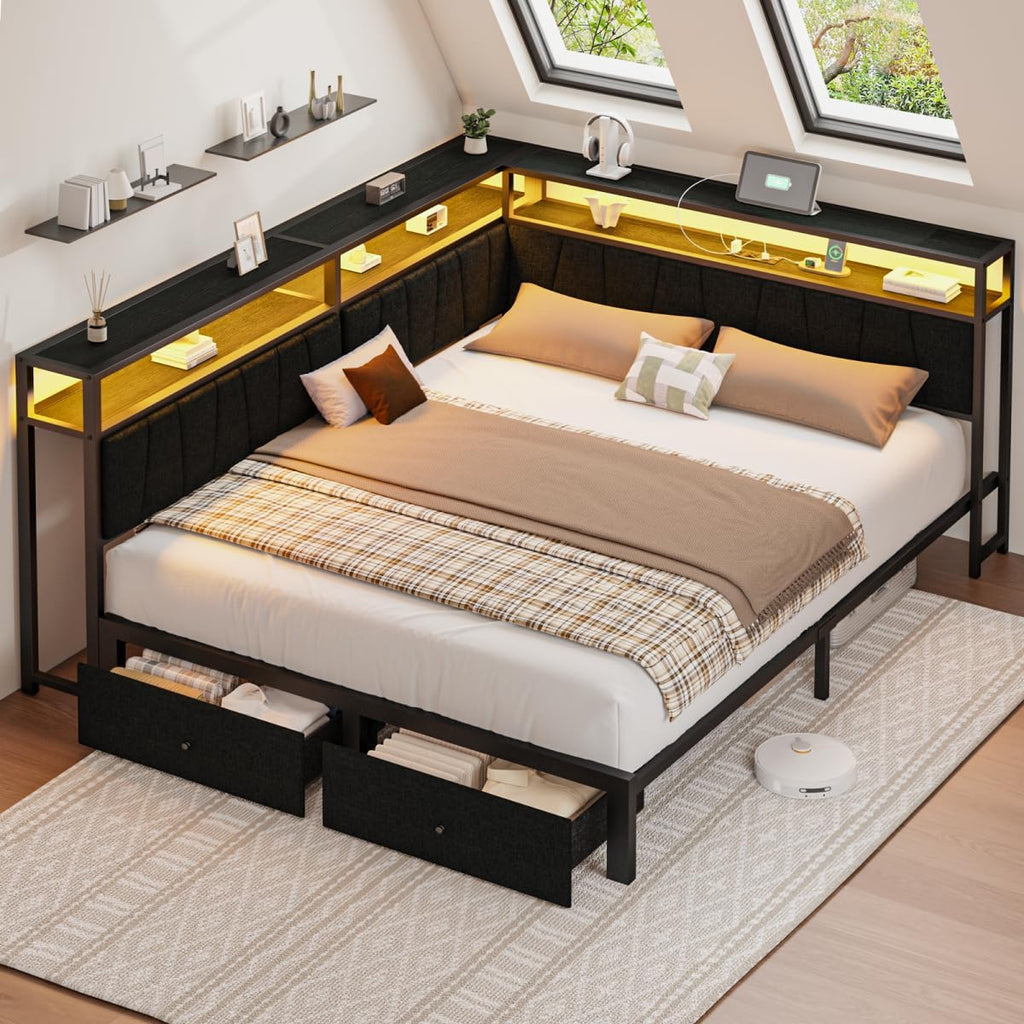 Queen Corner Bed Frame with Storage Drawers, Modern Daybed with LED Lights and Charging Station, Metal Platform Bed