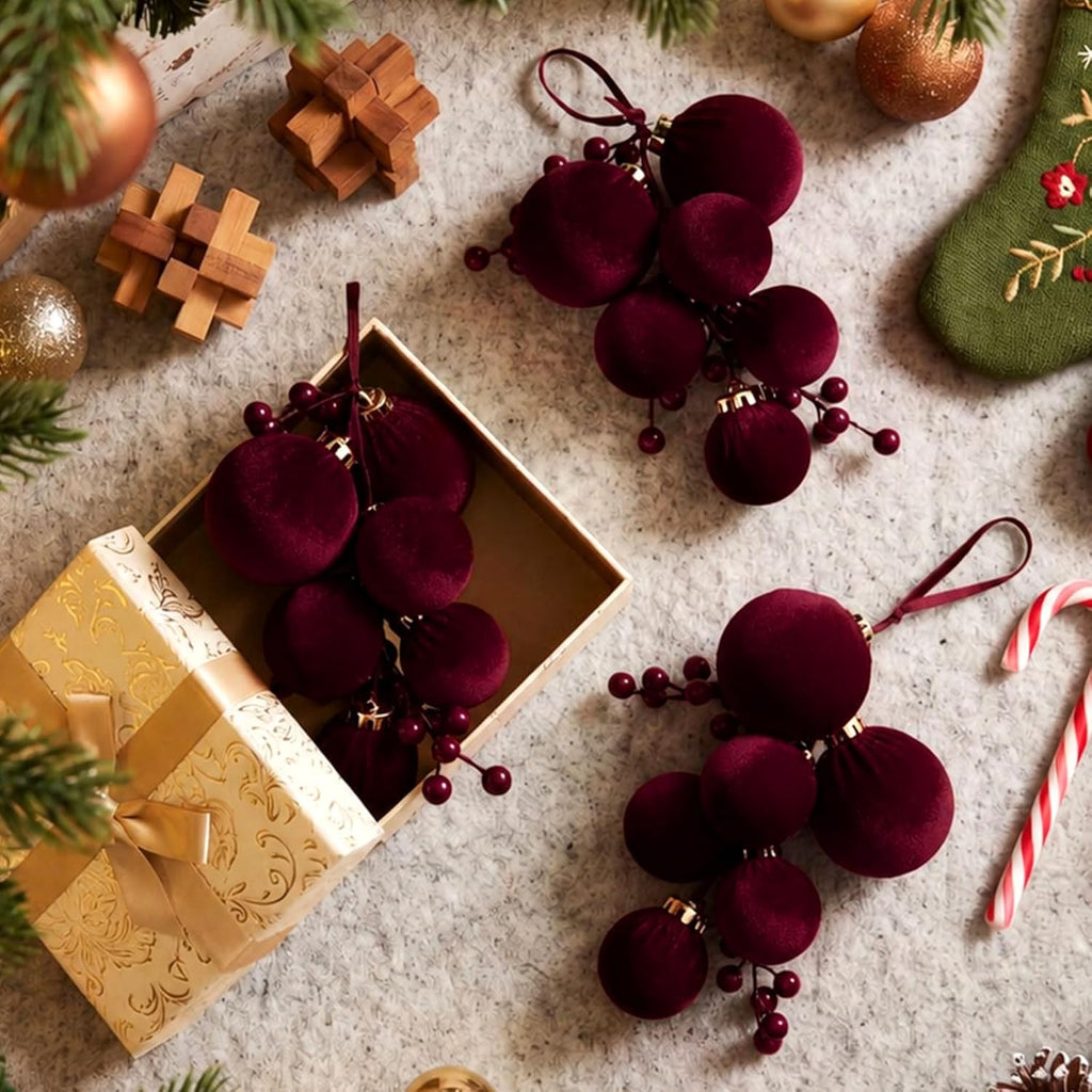 4 Set Burgundy Velvet Christmas Ball Ornaments with Berries