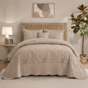 Botanical Oversized Bedspread King - Leaves Pattern Stitching Quilt Set - Elegant & Fresh Style Bedding Coverlets
