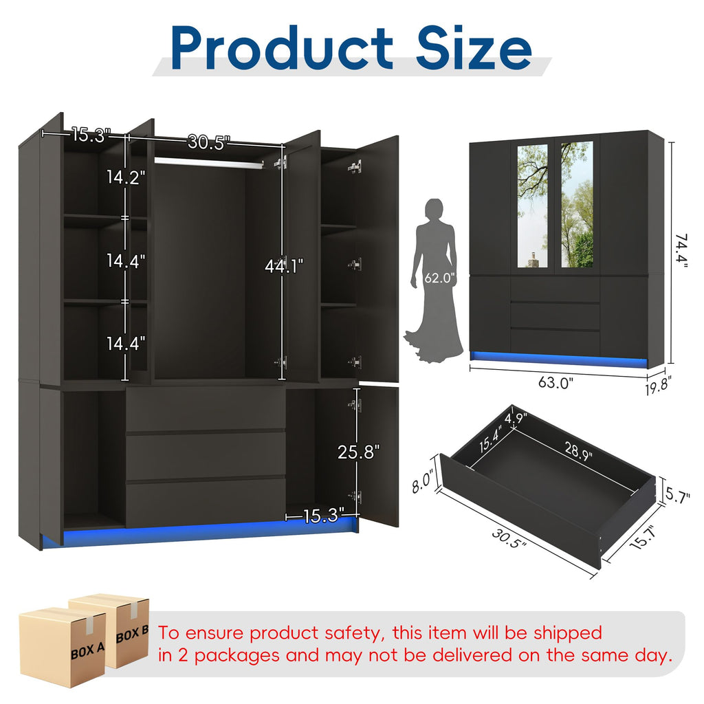 75" Tall Modern Wardrobe Closet with 2 Mirrors, LED Lights, 63"W Armoire Wardrobe Cabinet with 3 Drawers, Hanging
