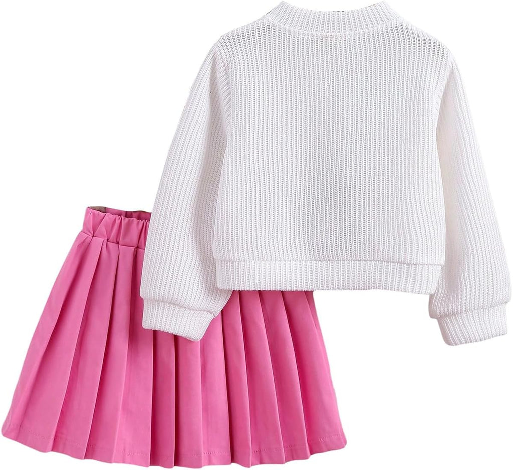 Toddler Girl's 2 Piece Outfits 3D Flower Button Down Cardigan and Pleated Aline Skirts Set