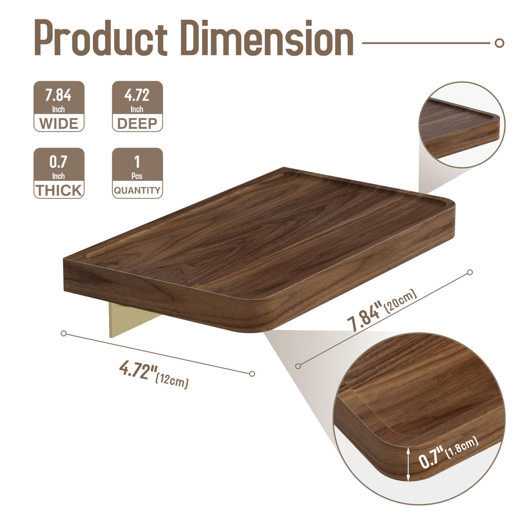 8 Inch Solid Wood Wall Shelf for Storage, Wall Mounted Rustic Walnut Wood Shelves