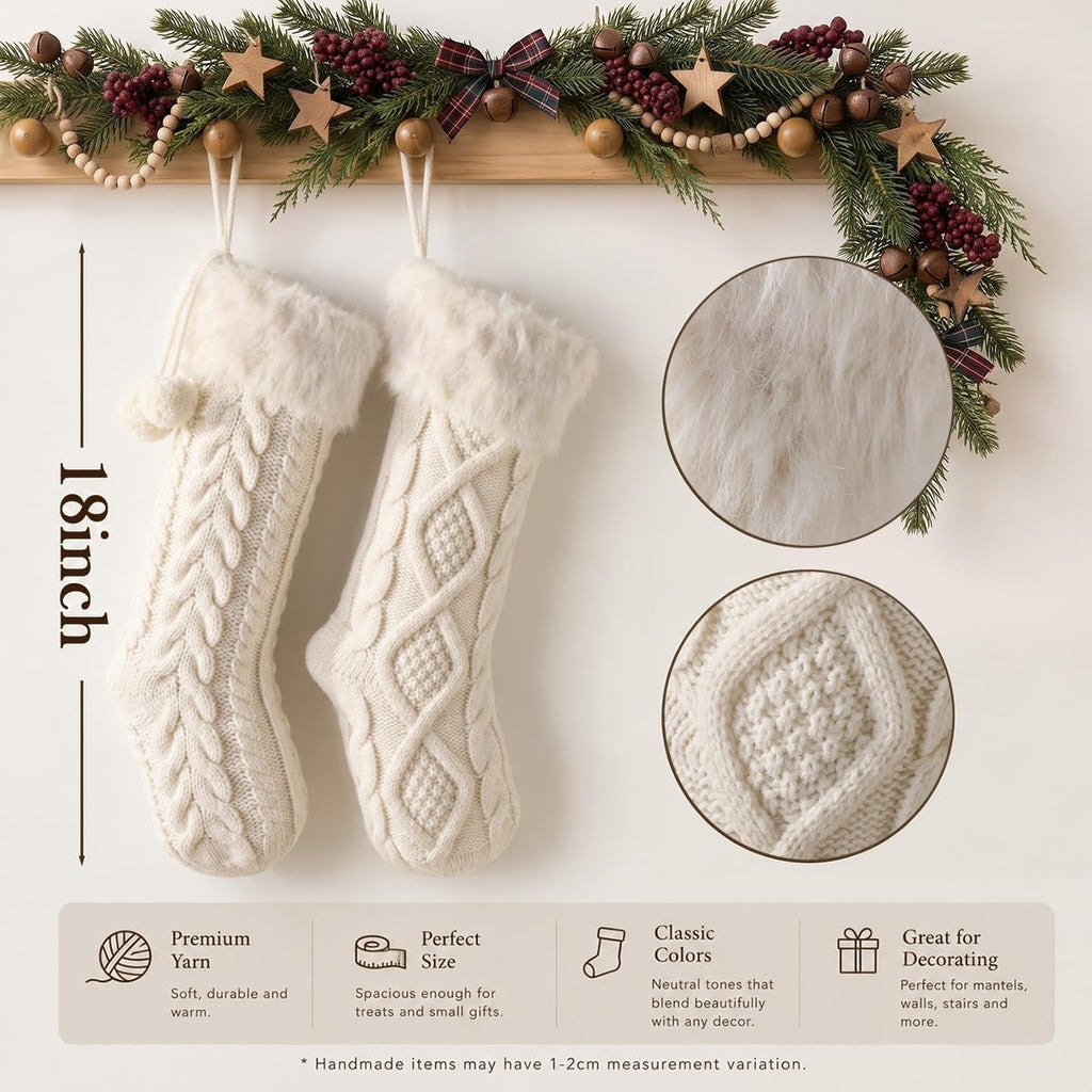 18 Inch Christmas Stockings, Set of 6 Cream White Assorted Cable Knitted Stockings with Faux Fur Cuff, Rustic