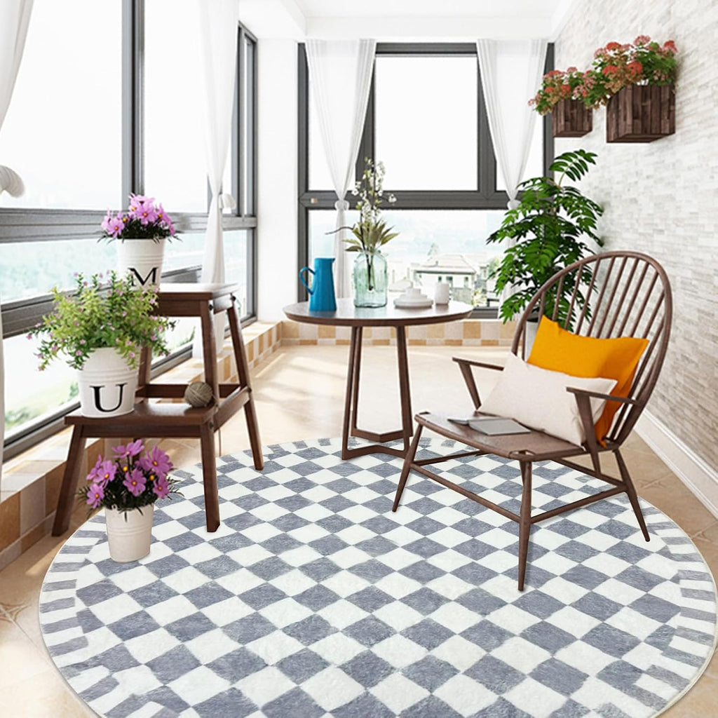 Round Modern Checkered Rug - 5.2Ft Circle Buffalo Plaid Check Bedroom Carpet Nonslip Farmhouse Floor Mat Washable