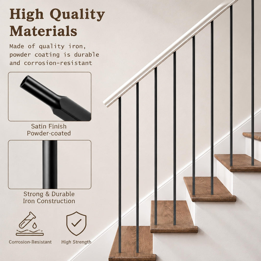 16 Pcs Wrought Iron Balusters for Staircase, 1/2" x 44" Hollow Straight Iron Spindles Deck Balusters, Deck Railing