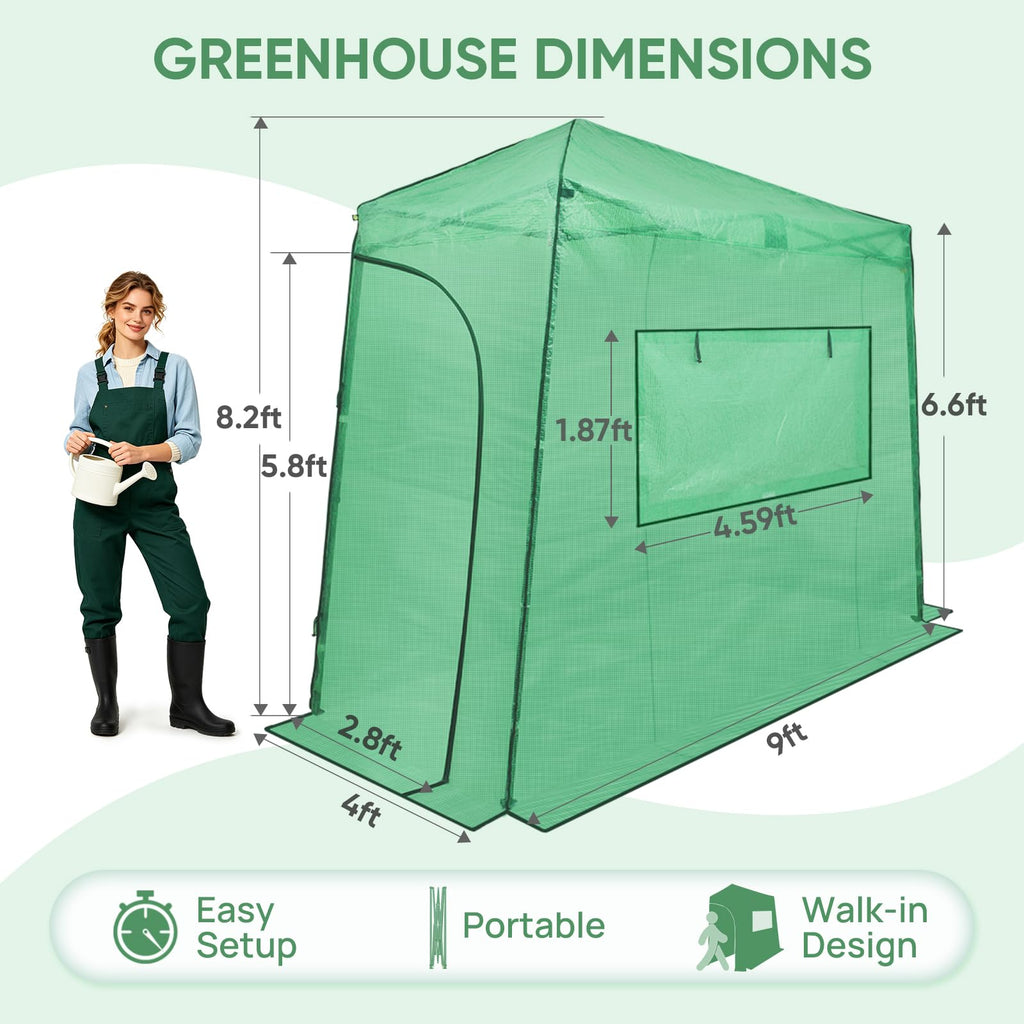 9x4 Easy Setup Pop Up Greenhouse, Lean-To Design, Clear/Green