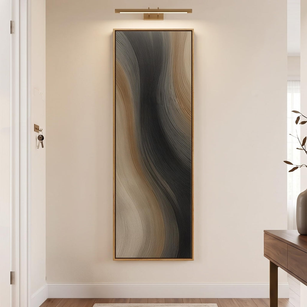 Large Framed Neutral Black Brown Abstract Wall Art 60x20 In