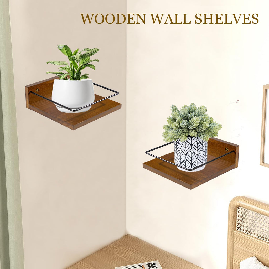 Wall Mounted Plant Holder, Wooden Floating Shelves for Flower Pot Wall Hanging Wood Rack Farmhouse Small Decorative