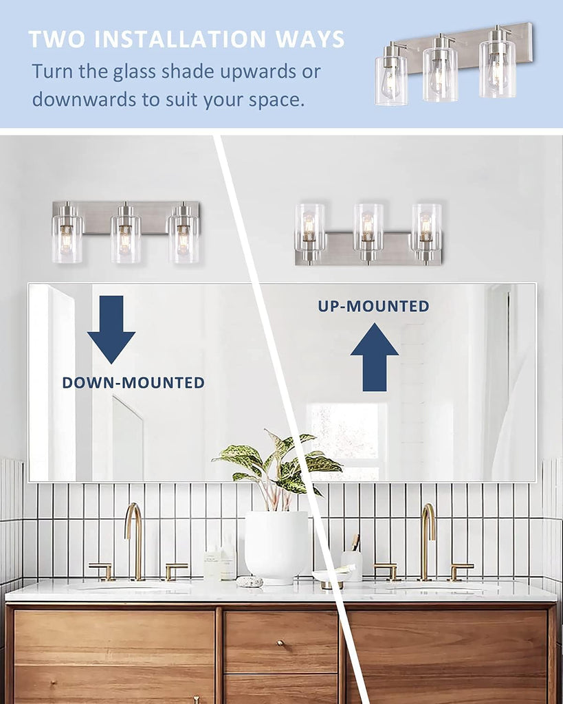 Brushed Nickel Bathroom Vanity Lights 3-Light, Clear Glass Shade