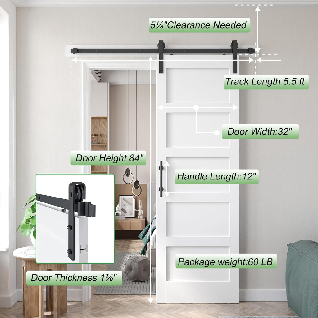 30x84 inch White Barn Door with 5.5FT Sliding Door Hardware Kit Included & Handle,Solid,MDF, PVC Sur