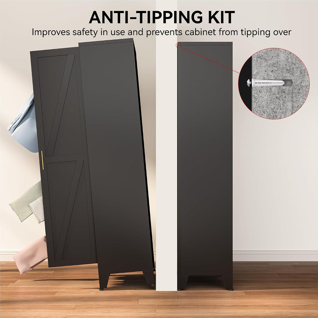Black Metal Wardrobe Closet 2-in-1 Design, 71" Freestanding Armoire with Adjustable Hanging Rod & Shelves