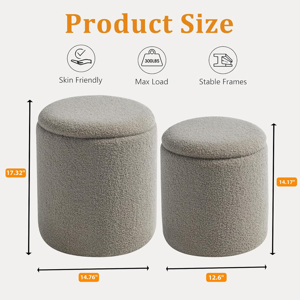 Round Ottoman with Storage Set of 2 Gray Sherpa Vanity Stool | Multifunctional Ottomans Coffee Table Padded Seat Foot