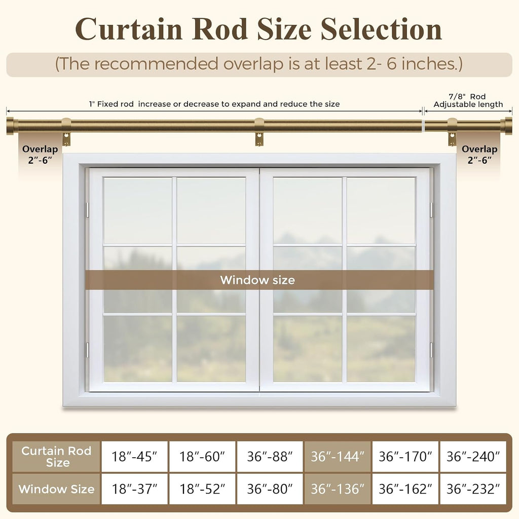 Brass Gold Curtain Rod, Brushed Warm Gold 1" Adjustable Long Heavy Duty Curtain Rods for Windows