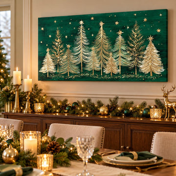Winter Christmas Canvas Wall Art, Green and Gold Christmas Trees and Starry Night Painting, Winter Scene Holiday