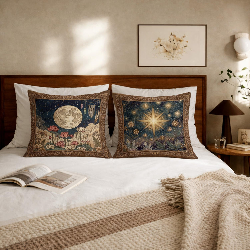 Celestial Night Sky Star Tarot Pillow Covers 18x18, Mystical Crystal Forest Botanical Witchy Astrology Decorative