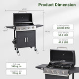 4-Burner Propane Gas Grill, 40,000 BTU Stainless Steel BBQ Grill with Foldable Side Tables, Spice Rack & Wheels (Black)