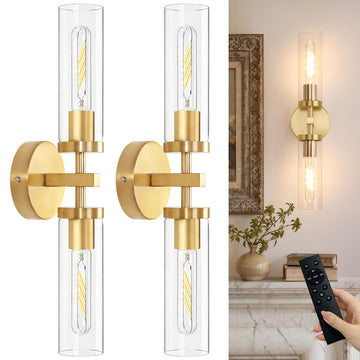 Set of 2 Wall Sconces, 7800 mAh Battery Operated Wall Sconce with 3 Colors & Remote Control, Gold Rechargeable Wall
