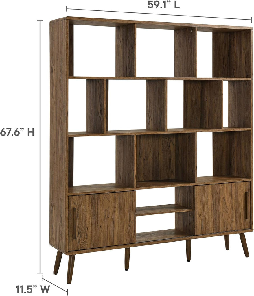 Transmit 14 Shelf Bookcase with Sliding Doors in Walnut - 59 Inch Wood Mid-Century Modern Bookshelf - 4 Tier Wide