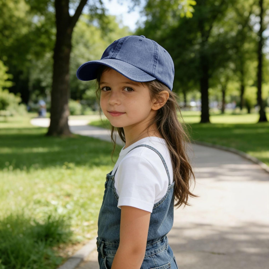 Kids Washed Denim Baseball Cap, 100% Cotton Curved Brim Hat, Breathable Sweatband for Boys Girls Outdoor Daily Use