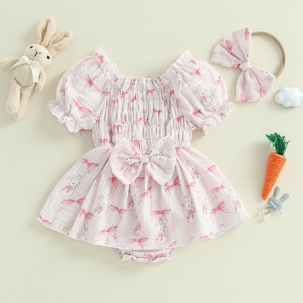 Newborn Baby Girl Easter Outfit Smocked Bunny/Carrot Romper Cotton Linen Bodysuit Headband Summer Clothes