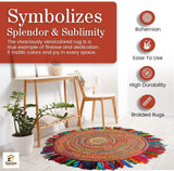 Jute Area Rug 6ft-Natural Fiber Round Cotton Fringes Handmade Boho Multicolour Soft Braided Rustic V