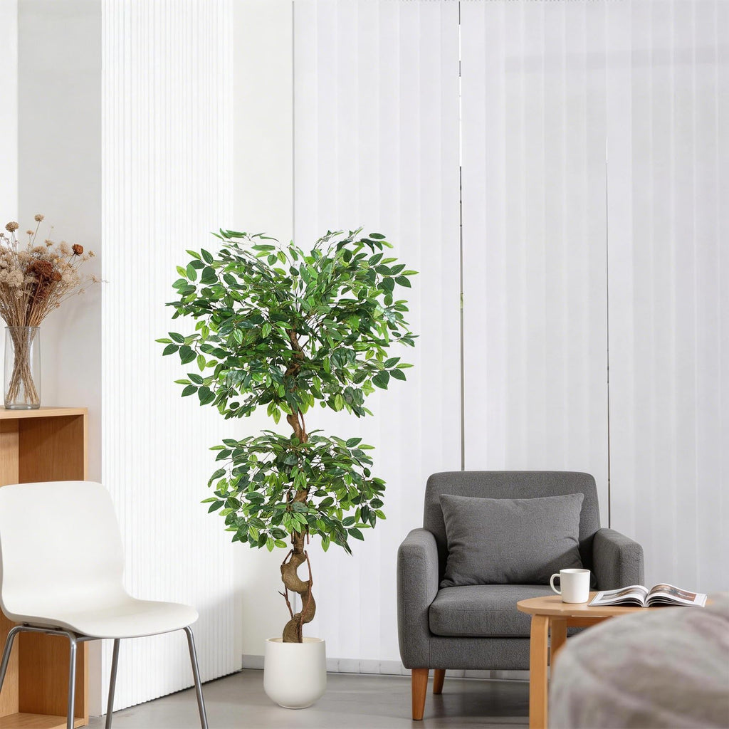 5FT Artificial Ficus Tree,Large Fake Tree with White Planter, Tall Faux Ficus Tree with Lifelike Leaves and Realistic