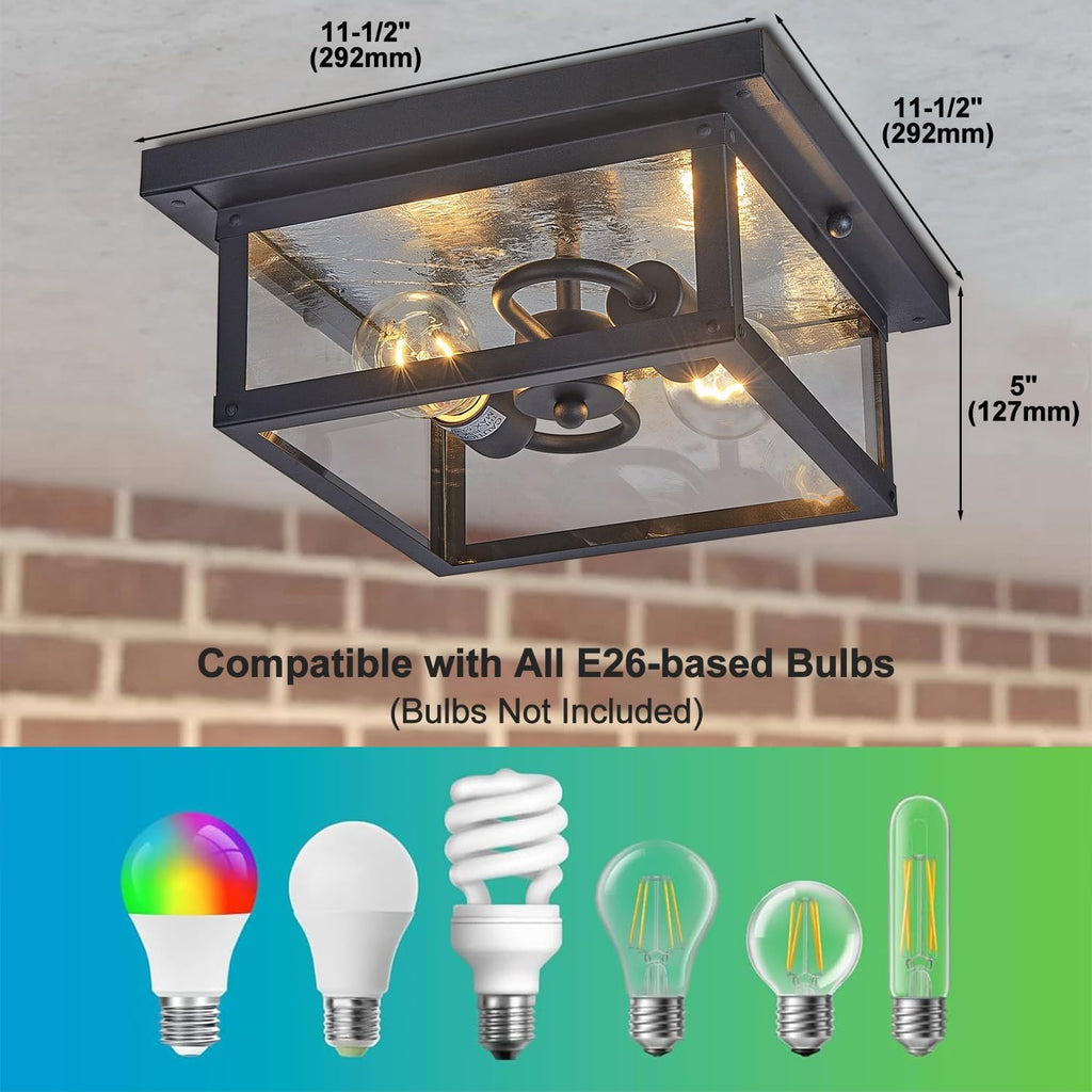11.5in Outdoor Ceiling Light Fixture, Square Flush Mount Porch Lights, 2-Light, E26-based