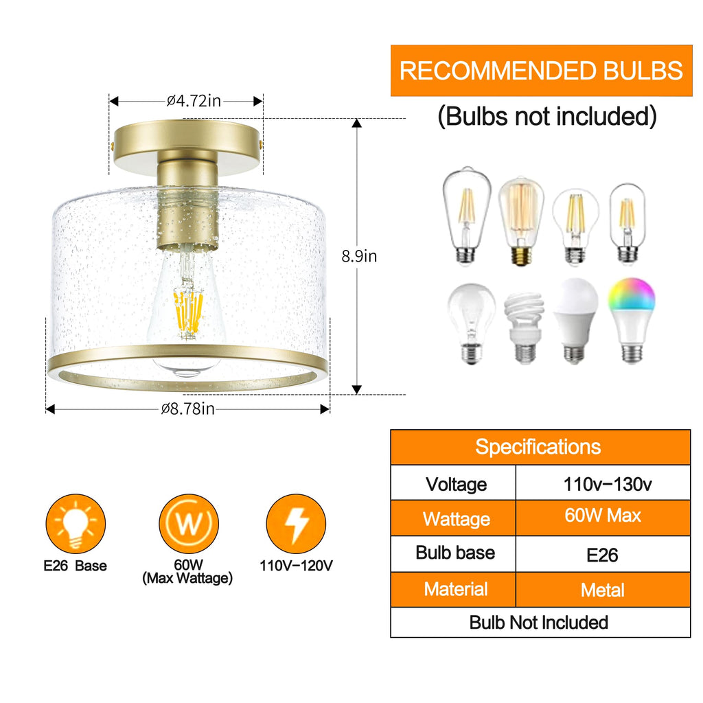 Modern Flush Mount Ceiling Light, Seeded Glass Ceiling Light Fixture, Gold Light Fixture