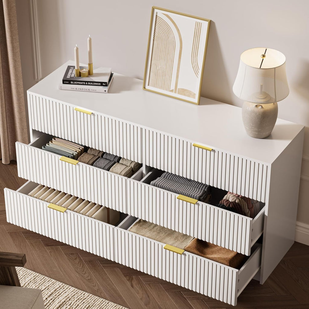 55" Wide Fluted 6-Drawer Double, White