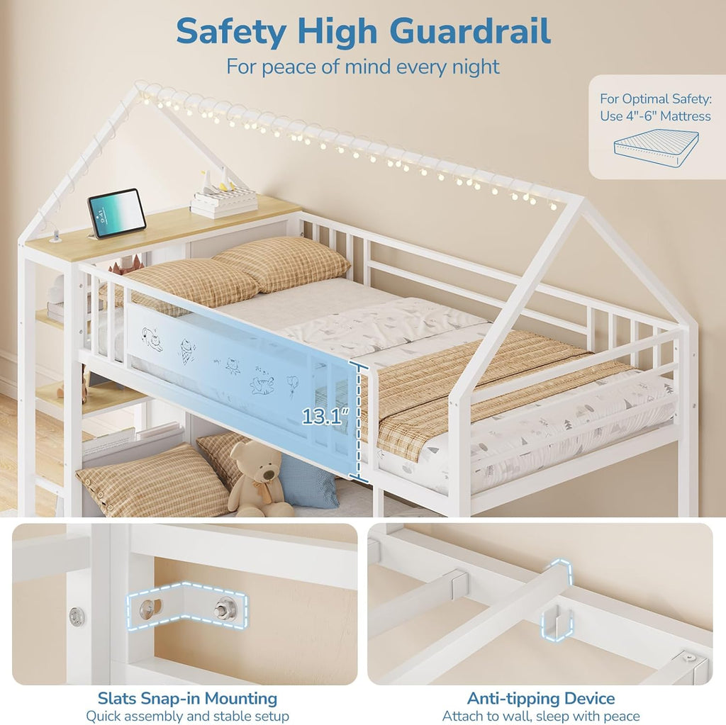 Twin Bunk Bed for Kids with 6 Storage Drawers, Montessori Bookshelf