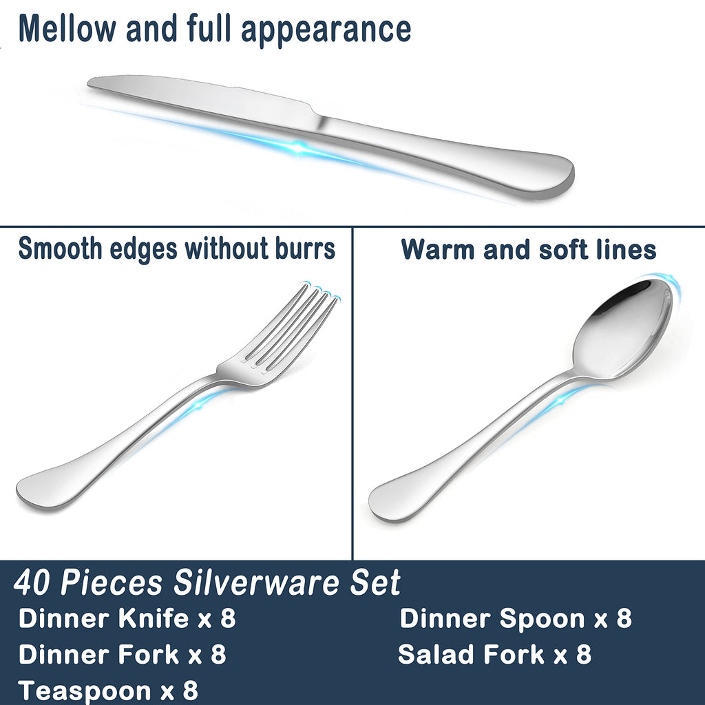 18/10 Silverware Set, 40-Piece Stainless Steel Flatware Service for 8, Luxury Cutlery with Ultra Sharp Serrated