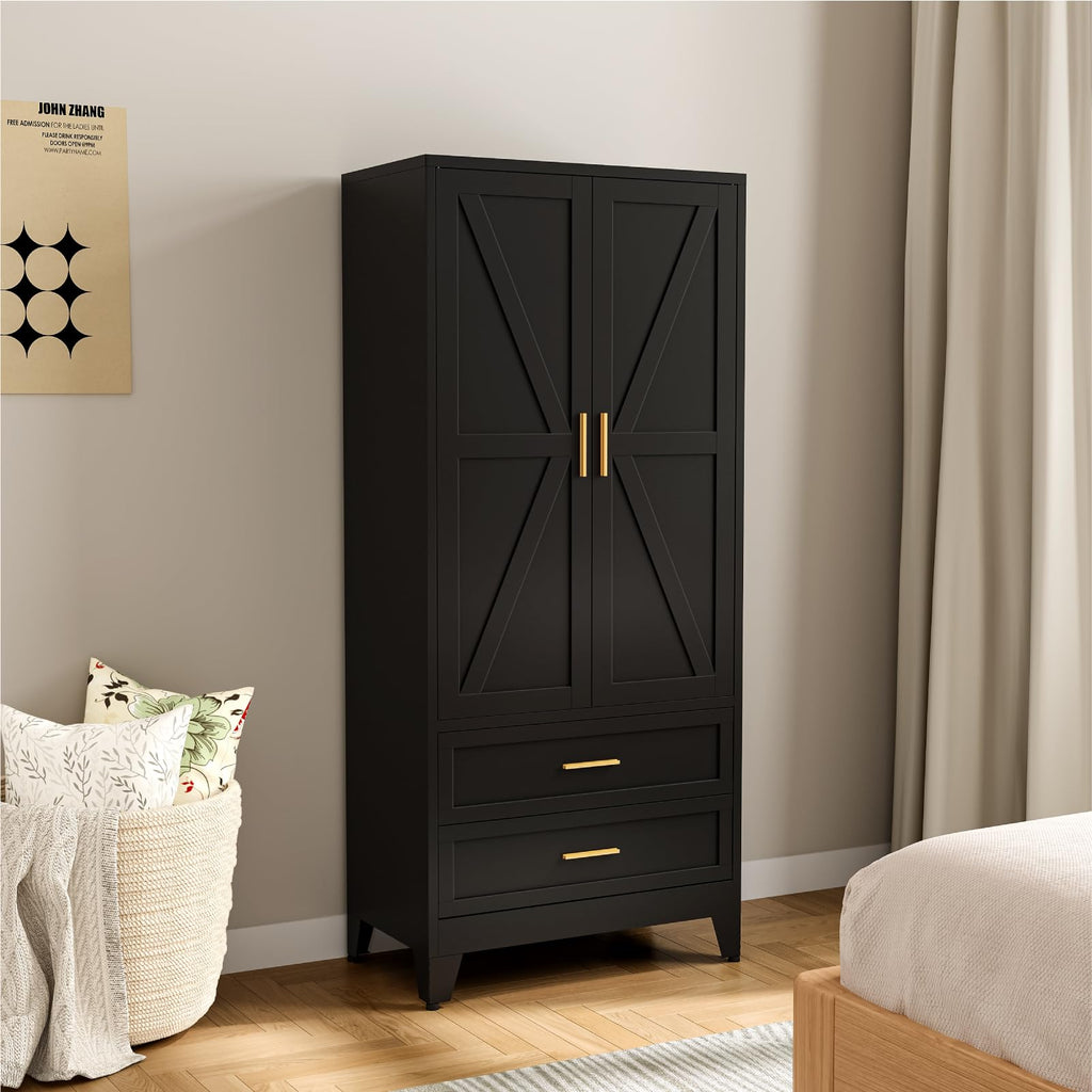 71" Metal Armoire Wardrobe Closet with Hanging Rod, Black-X 2 Drawers