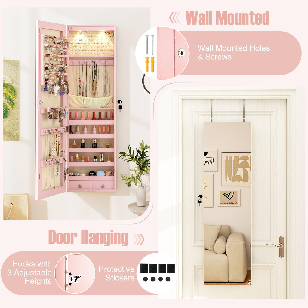 Wall Door Jewelry Armoire, 47.5" H Full Length Mirrored Jewelry Cabinet with 2 LED Lights and 2 Drawers, Lockable