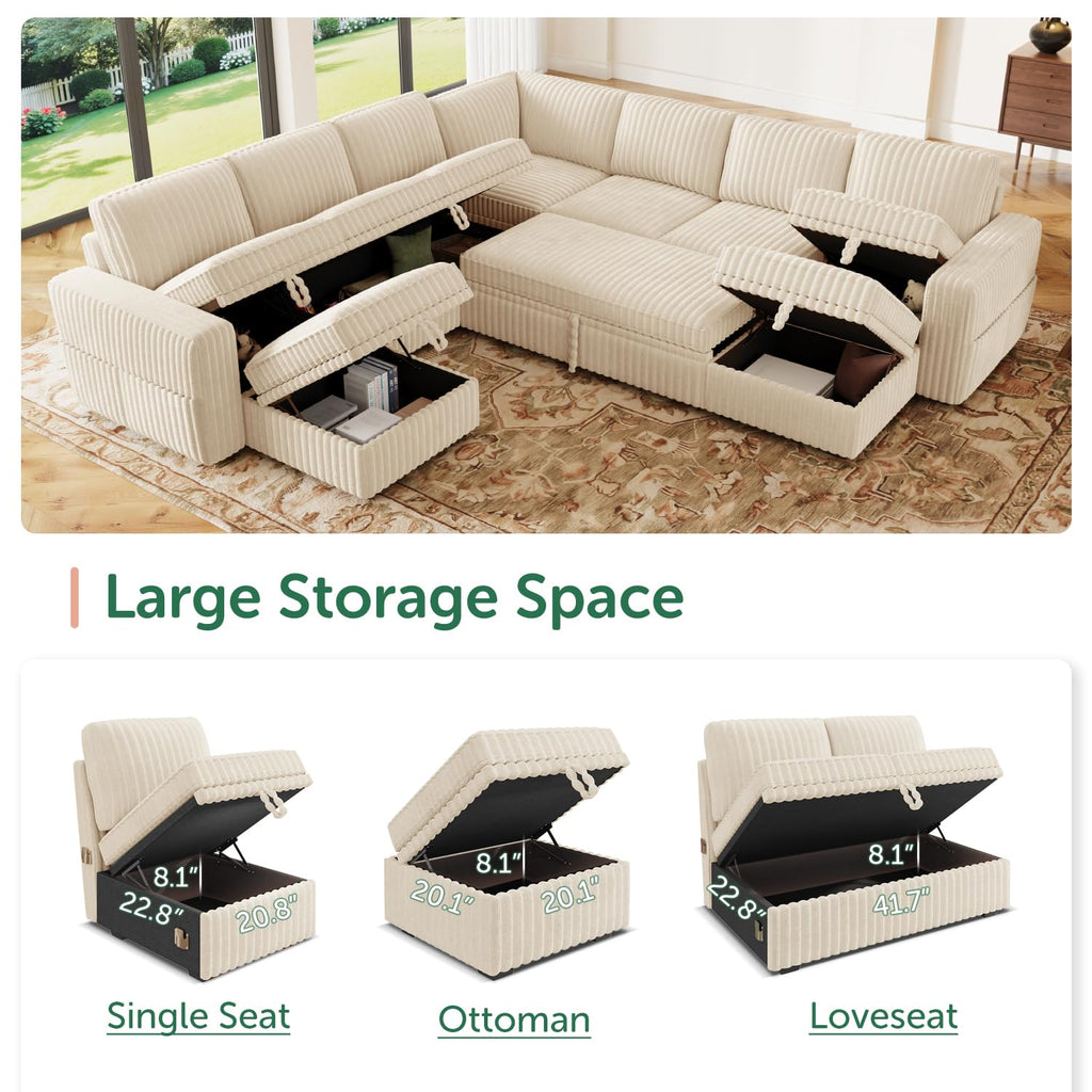 Oversized Corduroy Sleeper Sectional Sofa with Pull Out Bed, Beige