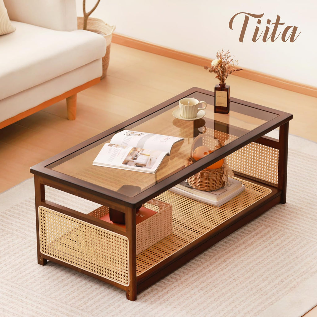 Bamboo Coffee Table, Glass Top, Rattan Storage, 2-Tier Storage, Brown