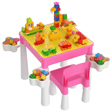 Toddler Building Table Set: 1 Chair 128 Blocks 4 Storage Bin Pink