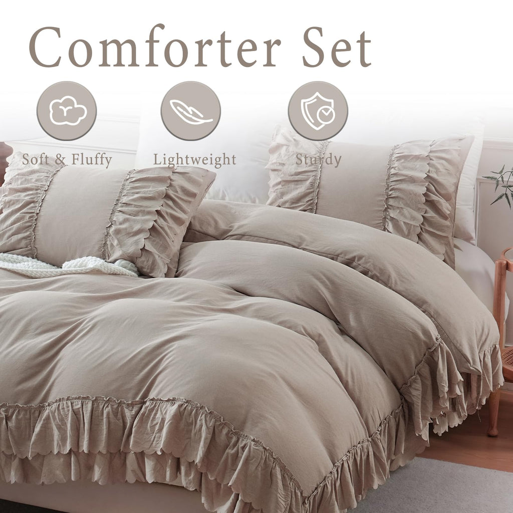 Taupe Boho Comforter King Size, Shabby Chic Ruffle Bedding Set, 2 Layers Ruffles Fluffy Vintage Comforter Home