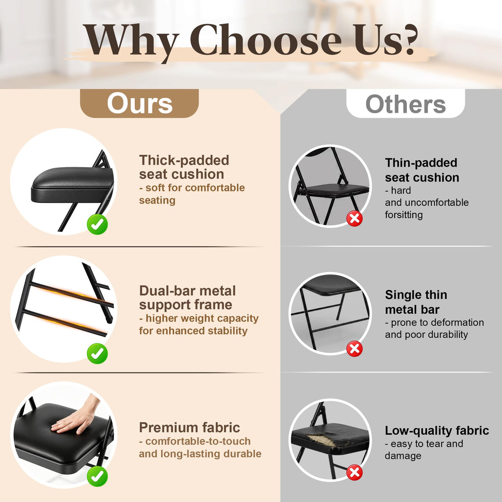 8 Pack Padded Folding Chairs, Capacity 350 LBS Foldable Chair, PU‐Black