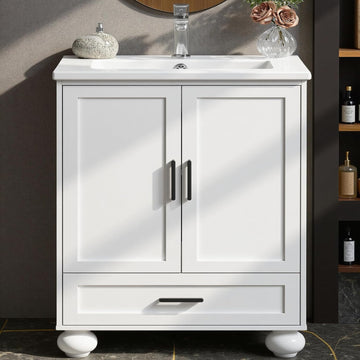 24" Bathroom Vanity with Ceramic Sink - Freestanding Cabinet with 2 Doors, 1 Drawer & Wood Legs