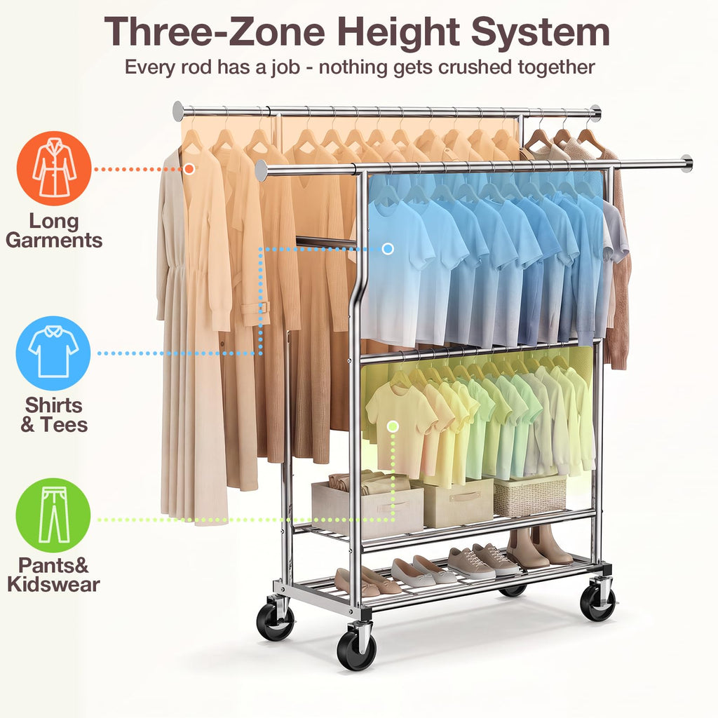 Heavy Duty Clothes Rack Load 960LBS, Adjustable Three Rods Rolling Garment Rack with Double-Layer Bottom Shelf
