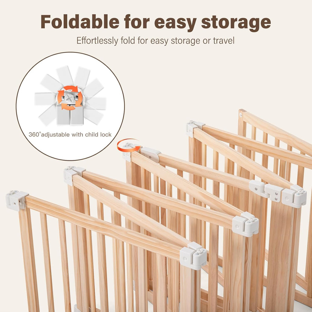 Foldable Wooden Playpen-61"x61"x25"-Large Baby Gate Playpen with Child-Proof Lock-Easy Assembly, Portable Design for