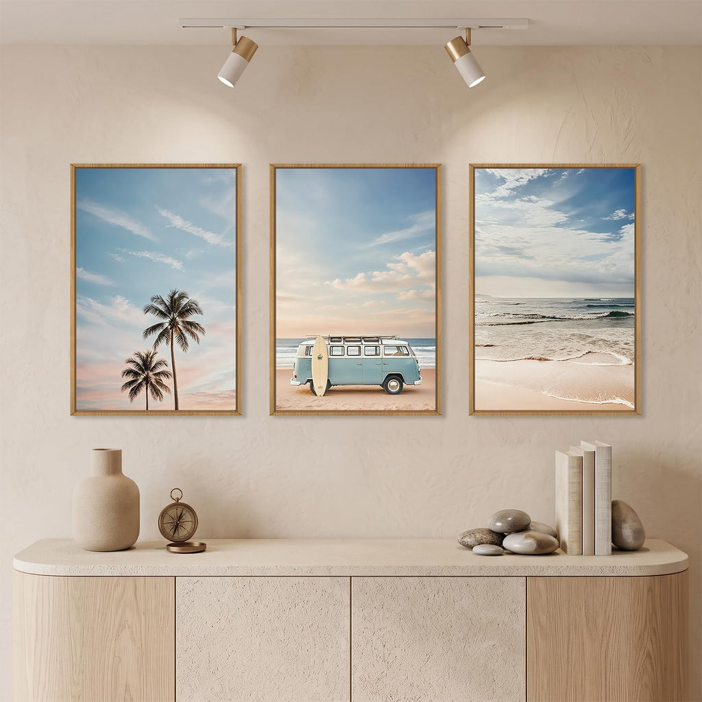 Large Ocean Beach Surfboard Framed Canvas Wall Art Set -16"x24"x3